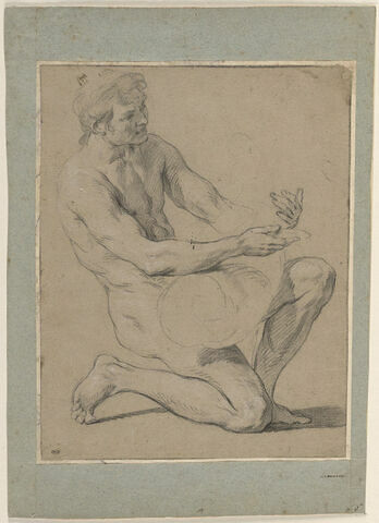 Homme nu, un genou en terre, vu de trois quarts