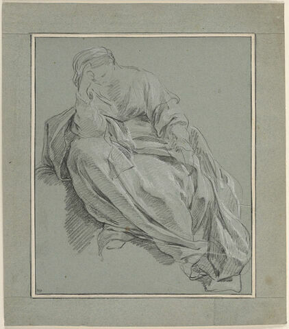 Femme drapée, assise, la tête appuyée sur le bras droit