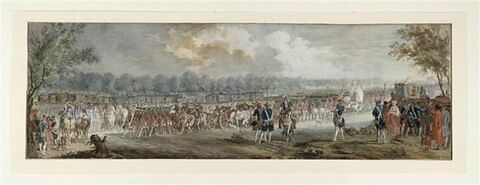 Défilé dans la plaine des Sablons : revue de la Maison du Roi passée par Louis XV