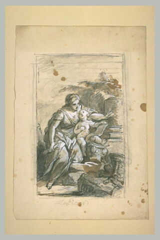 La Vierge, à genoux et tenant un rouleau, enseigne à lire à Jésus, image 1/1