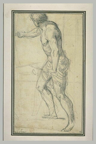 Homme à demi nu, debout, tourné vers la gauche, pesant sur un levier