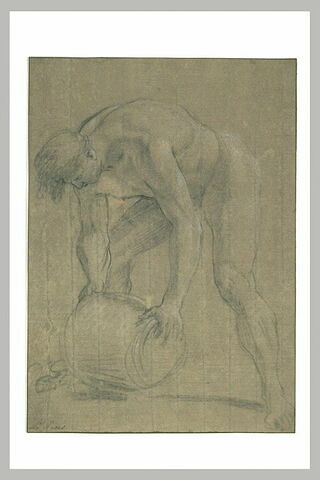 Etude d'homme nu, vu de trois quarts, portant un tonneau, image 2/2