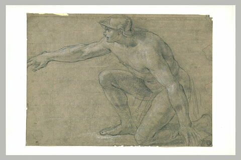 Homme nu, agenouillé, coiffé d'un casque, étendant le bras droit, image 1/1
