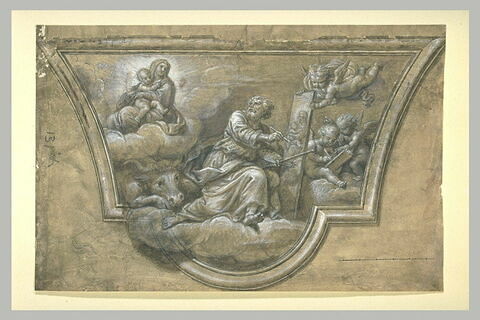 Saint Luc, assis sur des nuages, faisant le portrait de la Vierge
