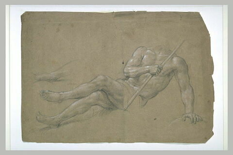 Etude d'un homme à demi nu, couché tenant un bâton, image 1/1