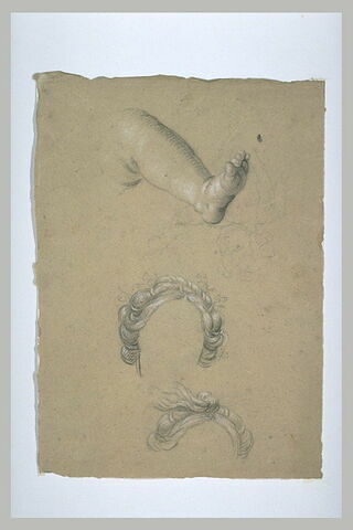 Etudes de la coiffure d'une figure, d'une jambe nue et esquisse d'un enfant, image 1/1