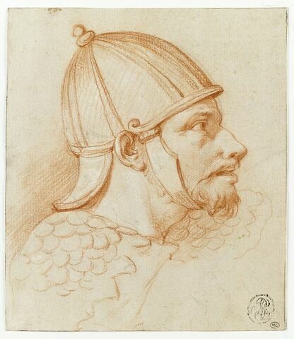Tête d'homme casqué, vue de profil vers la droite, image 1/2