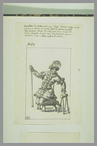 Homme simulant un cul-de-jatte, à genoux sur deux petits bancs, image 2/2