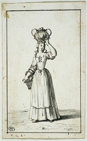 Laitière, jeune femme portant une cane sur la tête et un panier sous le bras