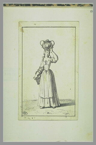 Laitière, jeune femme portant une cane sur la tête et un panier sous le bras, image 2/2