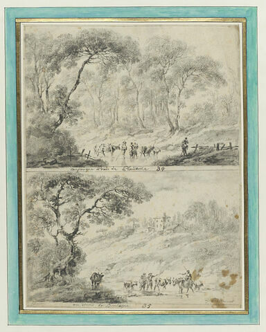 Deux paysages italiens avec paysans et troupeaux traversant un gué, image 1/2