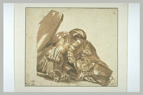 Trophée d'armes : cuirasse ornée d'un masque, casque avec panache et un pégase ailé, bouclier, hache, poignée d'une épée, image 2/2