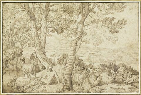 Paysage : un berger nu, assis, gardant un troupeau de chèvres