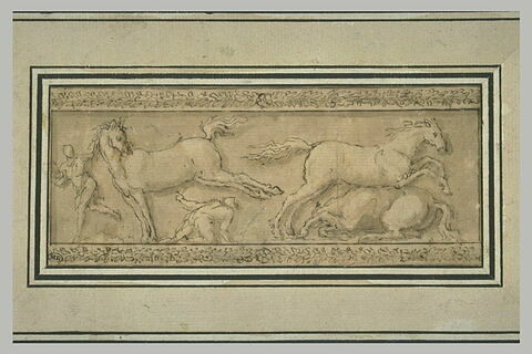 Frise avec trois chevaux et deux hommes, encadrés de guirlandes, image 2/2