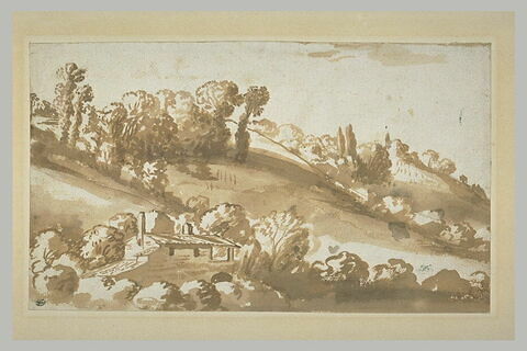 Paysage avec une ferme maison entourée de petits arbres sur une colline, image 1/1