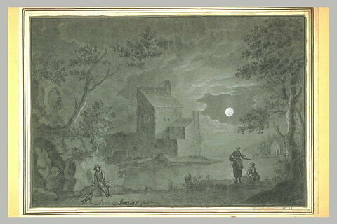 Paysage par une nuit de pleine lune, avec trois figures