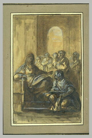 Jeune femme agenouillée aux pieds d'une femme sur un trône, image 1/1
