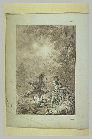 Deux guerriers à genoux devant des hommes et un cheval morts, image 1/1
