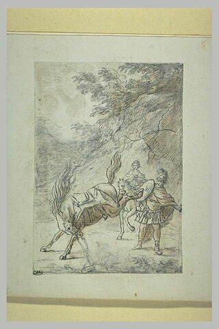 Guerrier s'approchant d'un cheval qui rue davant un cavalier, image 1/1