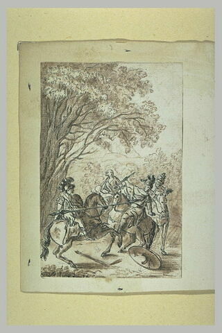 Combat de deux cavaliers devant deux autres figures, image 1/1