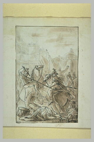 Soldats et cavaliers combattant devat un camp, image 1/1