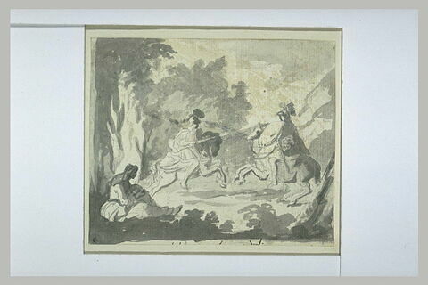 Combat à la lance de deux chevaliers devant une figure assise sous un arbre, image 1/1