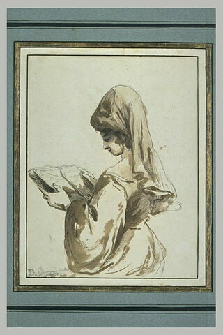 Jeune femme, vue à mi-corps, lisant un livre, image 1/1
