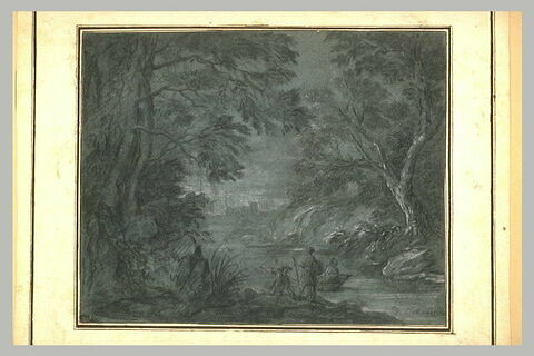 Paysage nocturne avec un cours d'eau bordé d'arbres, image 1/1