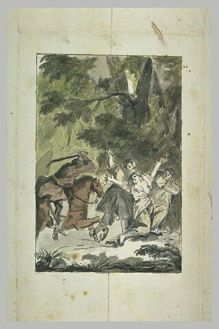 Un chevalier secourant une femme prisonnière de deux hommes
