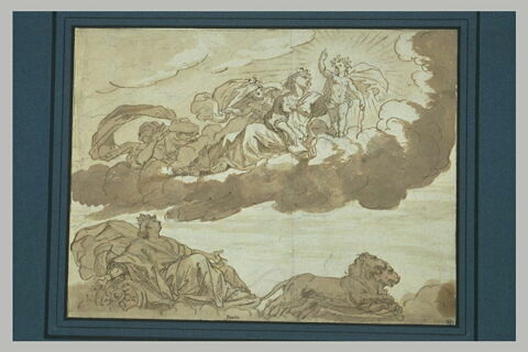 Trois femmes sur un nuage et une femme dans un char traîné par deux lions