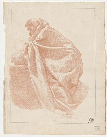 Figure d'un vieillard enveloppé dans un manteau et agenouillé, image 1/2