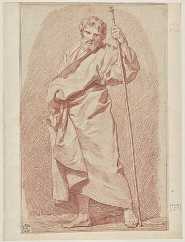 Homme barbu, marchant, tenant un long bâton, image 1/2