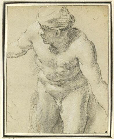 Homme nu, penché en avant et regardant à gauche, vu de face, image 1/2