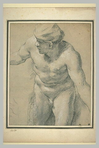 Homme nu, penché en avant et regardant à gauche, vu de face, image 2/2