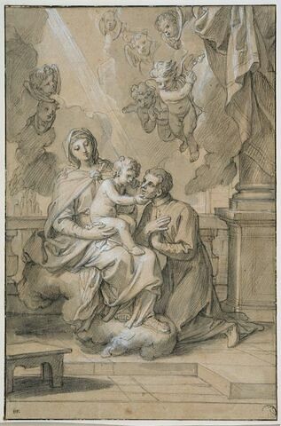 L'Enfant, sur les genoux de la Vierge, se penchant vers un saint agenouillé