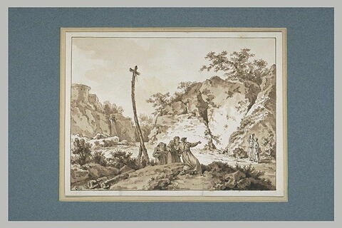 Paysage de rochers, avec trois capucins près d'une croix, image 1/1