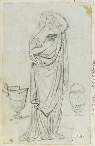 Femme drapée, tenant une coupe et deux vases