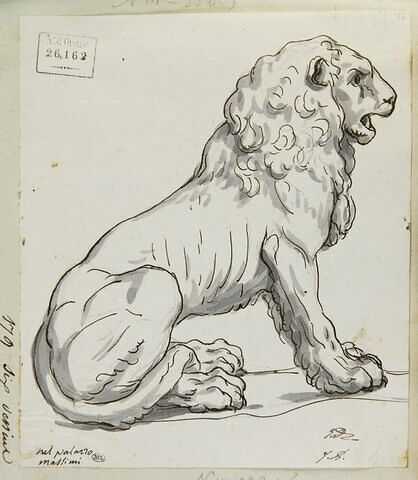 Un lion assis sur ses pattes de derrière, vu de profil, image 1/2
