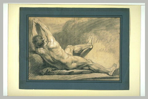Homme nu, à demi-allongé, vu de dos, semblant tirer un objet à lui, image 2/2