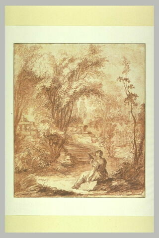 Intérieur d'un parc avec une femme tenant une quenouille, vue de dos, image 2/2