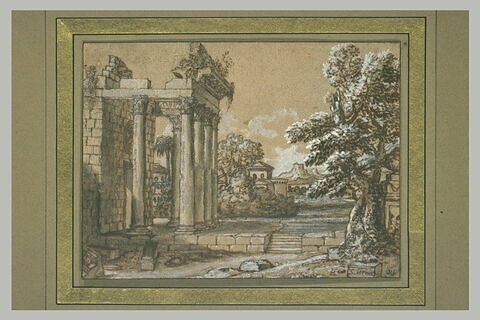 Paysage composé avec, à gauche, le portique d'un temple en ruines