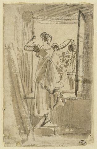 Une femme arrosant des fleurs à sa fenêtre, image 1/2