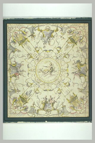 Arabesque pour un plafond : au centre, Apollon est assis sur des nuages, image 2/2