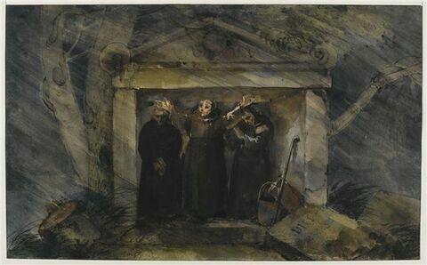 Trois moines se mettant à l'abri d'un orage sous le fronton d'un tombeau