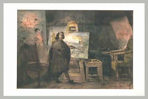 Nicolas Poussin dans son atelier, peignant un paysage