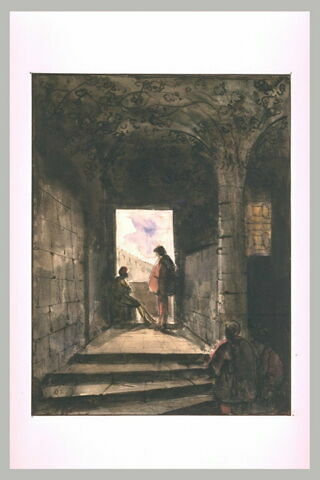 Deux personnages dans l'embrasure d'une fenêtre d'un donjon, image 1/1