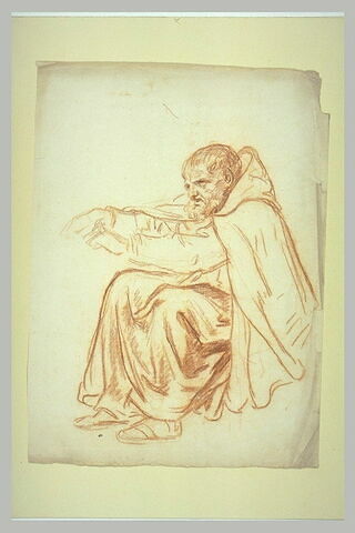 Un moine assis couvert d'un manteau, les bras tendus vers la gauche, image 2/2