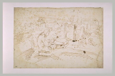Paysage avec une ville dans le fond et un jeune homme dessinant, image 2/2