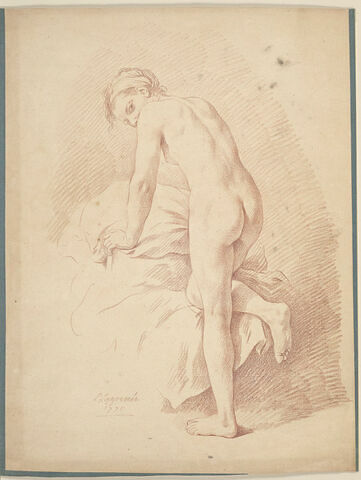 Jeune fille nue, vue de dos, montant sur son lit