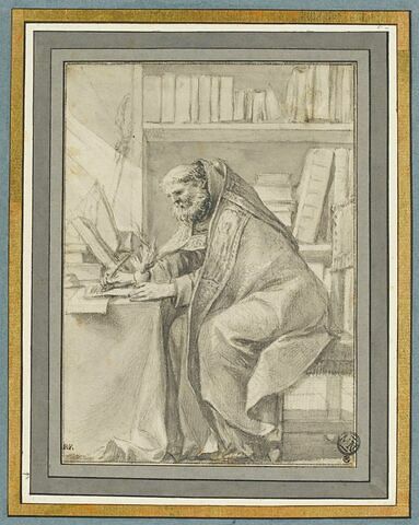 Saint Augustin assis, écrivant et tenant un coeur enflammé
